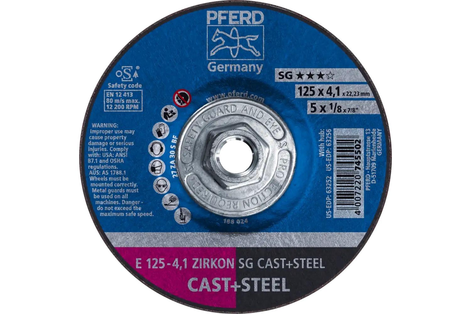 Picture of Pferd Grinding Wheel, 5" X 1/8 X 5/8-11, Zirkon Sg Cast+Steel, T27, Za, Ao